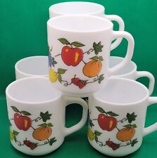 Set of 6 Vintage 1960s Arcopal Milk Glass Mugs R. Carmen Fruit Design France picture