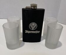 Jägermeister Vintage 4 oz Pocket Flask Screw On Cap and 4 Shot Glasses picture