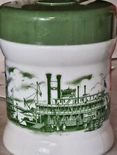 Vintage Milk Glass Tobacco Canister Green Cigar Humidor Jar with Steamboat Scene picture