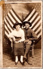 RPPC REAL PHOTO POSTCARD WWI Soldier Portrait Wife American Flags 1910s JB16 picture