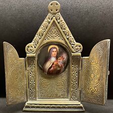 Russian Old Travel Chapel Icon shrine door Therese bronze & porcelain 133.5 GRS picture