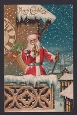 Postcard Merry Christmas Red Suit Santa on Balcony Blowing a Trumpet picture