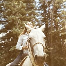 VINTAGE PHOTO 1970 Lovely girl riding a White horse ORIGINAL Color Snapshot picture