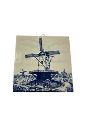 Delft Blue 6”x6” Hanging Tile Windmill  Blue White Holland Hand Painted Vintage picture