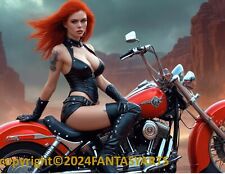 Sexy Hot Redhead Fantasy Girl on Motorcycle A Glossy Photo 8.5