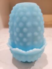 Vintage FENTON Blue Satin Hobnail Glass Fairy Lamp Candle Holder Org Sticker  picture