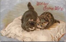 Vintage 1910s CHRISTMAS Greetings Postcard Tabby Kitten / Cats / Satin Texture picture