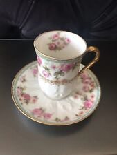 ANTIQUE GOA LIMOGES FRANCE HAND PAINTED CHOCOLATE CUP AND SAUCER picture