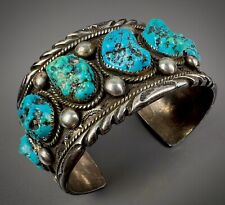 HUGE Vintage Navajo Sterling Silver Kingman Turquoise Nugget Cuff Bracelet HEAVY picture