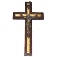 Vintage Jesus Crucifix Cross Brass Wood Mother O Pearl Religious Wall Art France picture