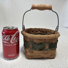 Vintage 4” Small Wicker Basket With Metal Wood Dowel Handle picture