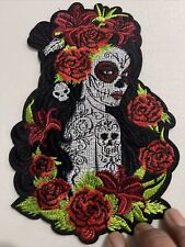 Mexican Tattoo Girl & Roses Large Back Patch: Iron On, Embroidered, 8 1/2” X 6” picture