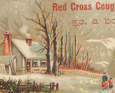1880's RED CROSS COUGH DROPS TRADE CARD, 5c A BOX, COUNTRY SCENE IN WINTER  Z746 picture