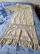 Antique Linen Table Runner Crochet with Fringe 18X82