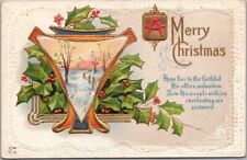 1914 MERRY CHRISTMAS Embossed Greetings Postcard Winter Scene / Holly - NASH C36 picture