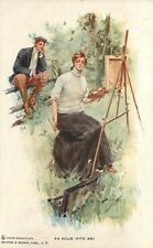Vintage Postcard; Harrison Fisher, An Hour with Art, Guy watches Girl Painting picture