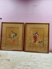 Pair MCM Asian Chinese Painting On Wood Framed 17x21 Women At Work (h221) picture