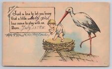 1918 Postcard  Stork Holding A  Baby Girl Just A Line To Let You Know That picture