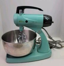 VTG Antique MCM Sunbeam Mixmaster Turquoise Blue Mixer Stand Bowl Beaters Cover picture
