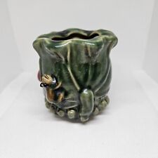 Vintage Majolica Style Ceramic Planter Vase Green Leaf w/ Frog & Mushroom picture