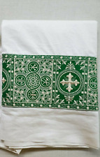 Vintage Alb Irish Linen Embroidery Banding Orphrey Ecru Cross Green Medium 2 picture