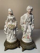 Pair Antique European Victorian Porcelain Brass Base Man & Woman Figurine picture