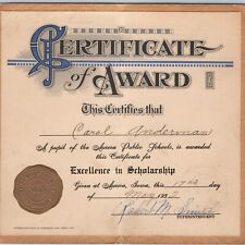 1932 Aurora Iowa Public School Scholarship Certificate Award Seal Anderman IA 7M picture