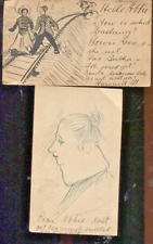 2 ANTIQUE ORIGINAL ARTIST MADE EARLY 1900`S CARTOON SKETCHES POSTCARD FINDLAY,OH picture