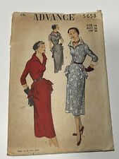Vtg 1940's Advance 5658 DRESS w COLLAR CUFFS Hip Ties Sew Pattern Sz 14 Cut picture