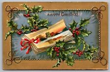 Happy Christmas Gold Bordered Holly Antique Postcard UNP WOB Note DB Tuck Sons picture