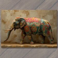 POSTCARD Elephant Bright Vibrant Colorful Quilted Painted Beautiful Flower Tusk picture