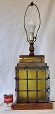 Vtg Maritime Nautical Style Lantern Table Lamp 3-Way Light Bronze Amber Panels  picture