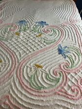 VTG Cottage Chenille white Floral Pink Bedspread Queen Full 90 x 102 picture