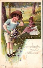 Greetings with Affection Postcard Children Picking Daisy Flowers in a Field picture