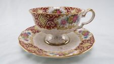 Vintage LM Royal Halsey Teacup & Saucer Set Floral and Maroon Pattern Gold Trim picture