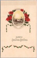 Vintage 1910s CHRISTMAS GREETINGS Embossed Postcard Poinsettias / Church Scene picture