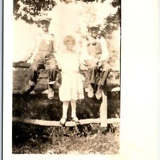 c1910s Young Boys Overalls & Newsboy Hat RPPC Paper Smiling Boy Photo Fence A156 picture