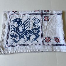 Vintage Linen Tablecloth Cross Stitch Art Dragon Flower Blue Red 64x46 picture