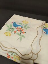Vintage Mid Century Bird Hand Embroidery Cross Stitch Linen Tablecloth 50 x 50 picture