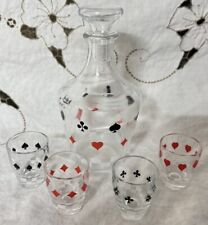 Vintage J G Durand Playing Card Glass 16 Oz Decanter 4 Shot Glasses Poker Night picture