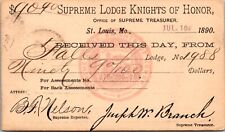 1890 Receipt Postcard Supreme Lodge Knights of Honor in St. Louis, Missouri picture