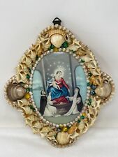 VINTAGE AVE MARIA PRINT GENUINE SEASHELL FRAME BUBBLE GLASS WALL PLAQUE ITALY picture