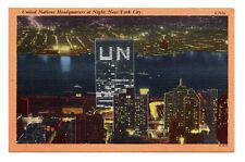 United Nations Headquarters at Night, New York City, Linen Postcard, UN16 picture