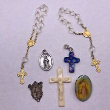 Rosary Mini Set 2 Cross Blue Glass Medal Mary Angel Pin Set Lot 7 Pcs picture
