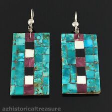 LARGE NATIVE AMERICAN SANTO DOMINGO KEWA TURQUOISE SHELL MOSAIC INLAY EARRINGS picture