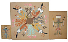 3 Vtg Navajo Native American Southwest Art Signed Sand Painting Warrior Kachina picture