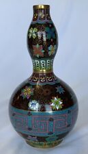 Vintage Chinese Cloisonne Double GOURD Vase Bottle - Flowers Brown Blue Aztec picture