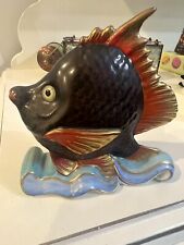 HEREND Vintage Tropical Blue & Rust Fish on Wave Porcelain Figurine picture