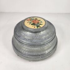 Vintage Large Tin Trinket Powder Box Wind Up Music Box Roses Flowers Musical picture