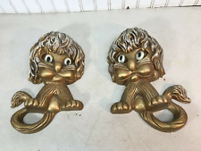 Pair Home Interior Homco Gold Big Eyed Lion Hard Plastic Wall Plaque Mid Century picture